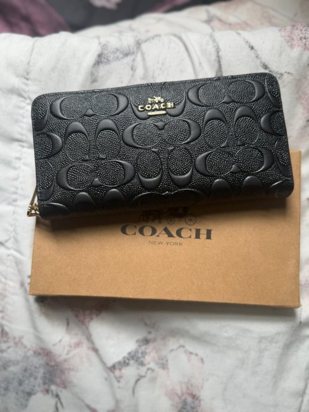 Coach Black Signature Embossed Zip-Around Wallet – Elegant Women’s Long Wallet